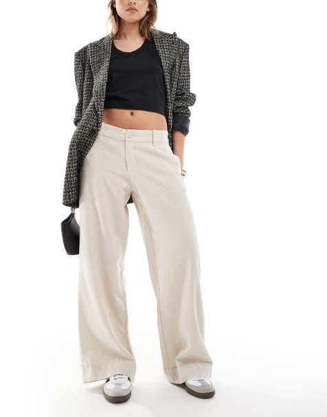 Hollister low rise linen wide leg trouser in oatmeal