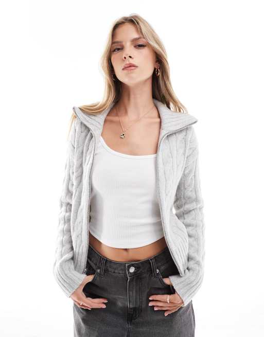 Hollister – Szary dzianinowy sweter zapinany na dwukierunkowy suwak