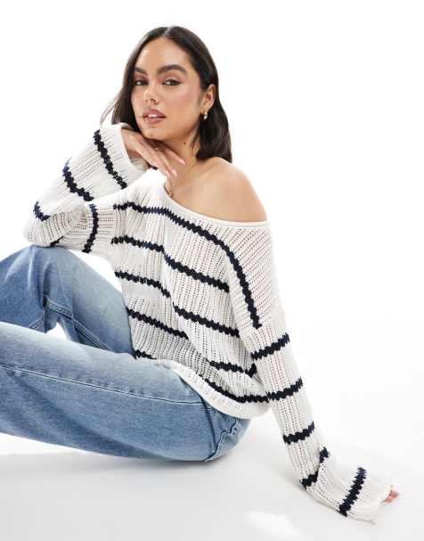 Hollister off shoulder crochet cropped jumper in navy stripe