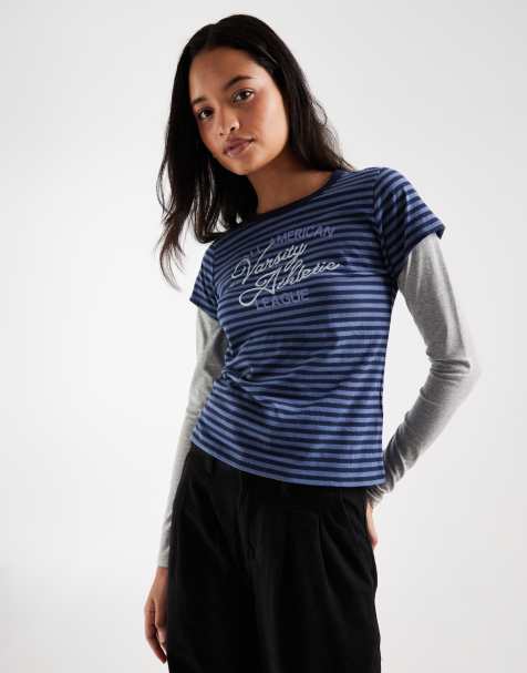 Hollister T-shirt a maniche lunghe a doppio strato a righe bianche e navy - view 1