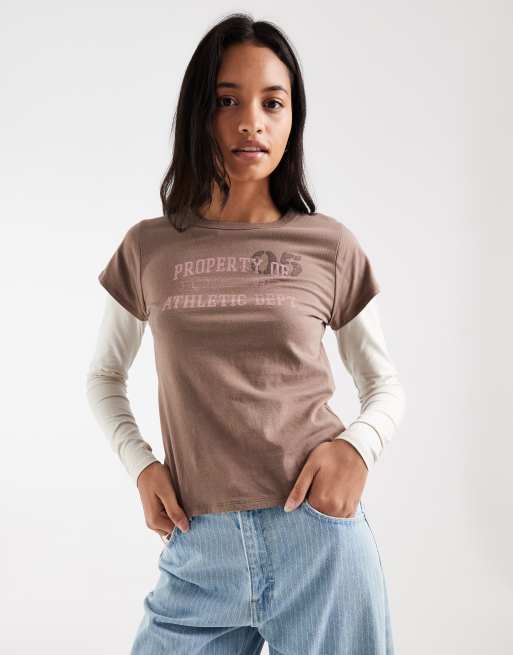 Hollister T-shirt a maniche lunghe a doppio strato anni 2000 bianca e marrone, 1 di 4