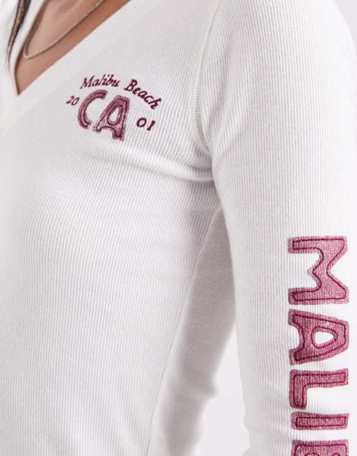 Hollister T-shirt a maniche lunghe con scollo a V bianca, 2 di 4