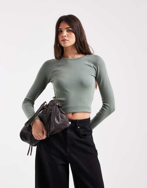 Hollister T-shirt a maniche lunghe girocollo in khaki
