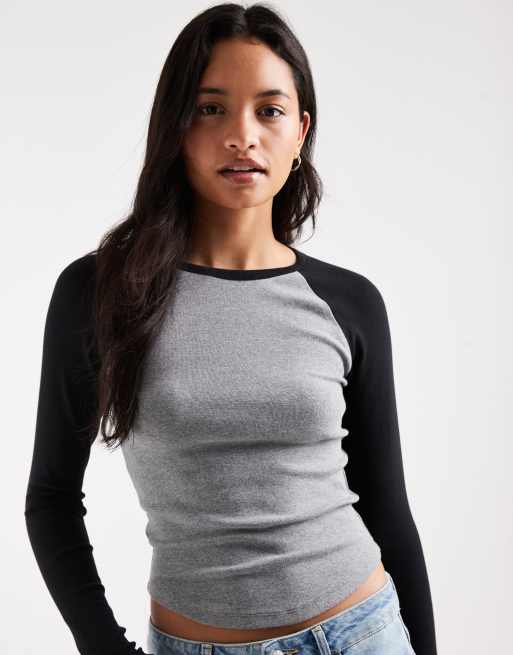 Hollister T-shirt a maniche lunghe raglan girocollo grigia e nera, 1 di 4