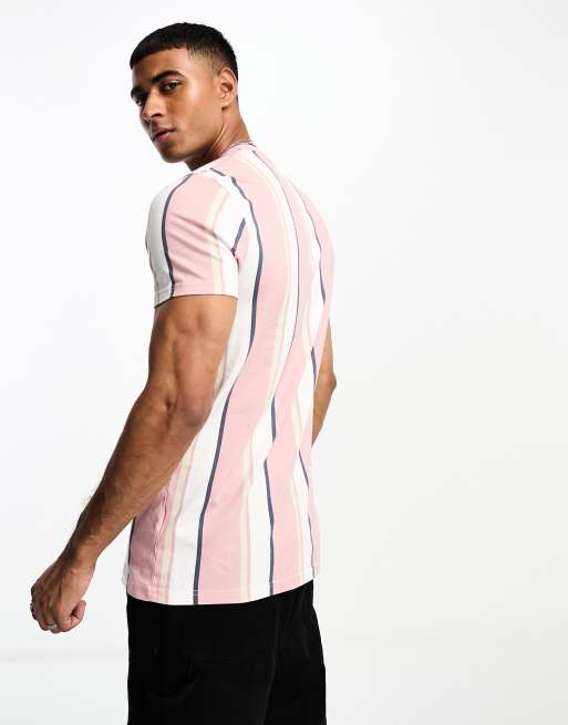 Hollister - T-shirt a righe verticali con logo centrale bianca/cuoio/rosa, 2 di 4
