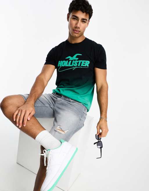 Hollister T Shirt aus Funktionsnetzstoff mit Applikation und Ombre Farbung in Schwarz Grun ASOS