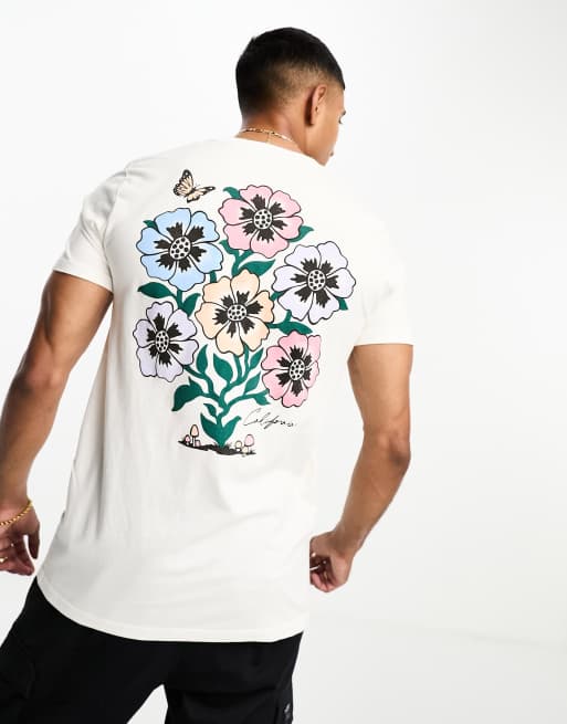 Hollister - T-shirt avec logo et fleurs imprimés à l'avant et au dos - Blanc