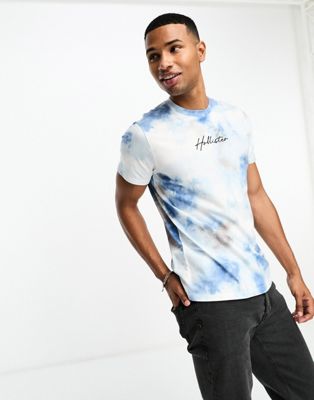 Hollister central logo tie dye wash t-shirt in blue/tan - ASOS Price Checker