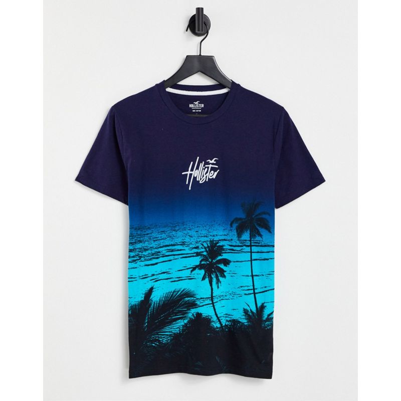 Hollister - T-shirt blu sfumata con stampa scenografica di palme e logo al centro