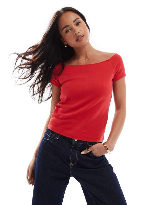 Hollister - T-shirt comoda rossa con spalle scoperte