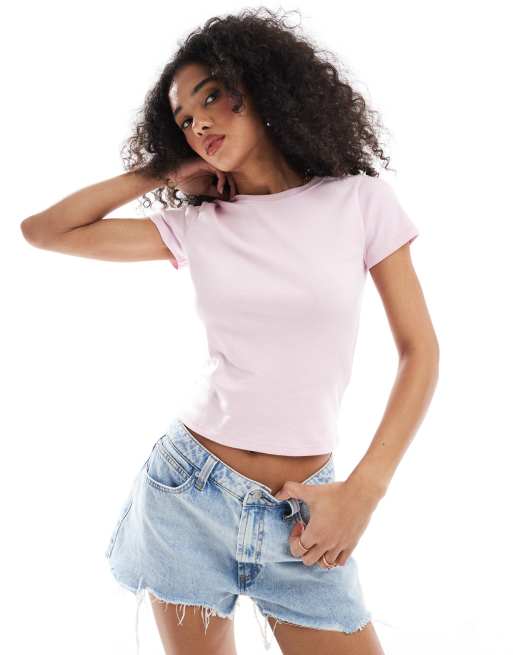 Hollister - T-shirt côtelé à manches courtes - Rose