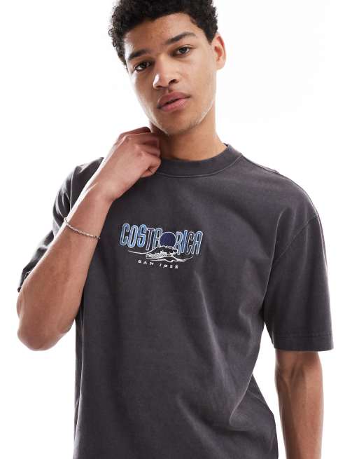 Hollister - T-shirt coupe carrée en tissu épais avec imprimé - Noir délavé