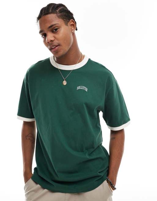 Hollister - T-shirt épais coupe carrée à bords contrastants et logo style universitaire - Vert moyen/crème