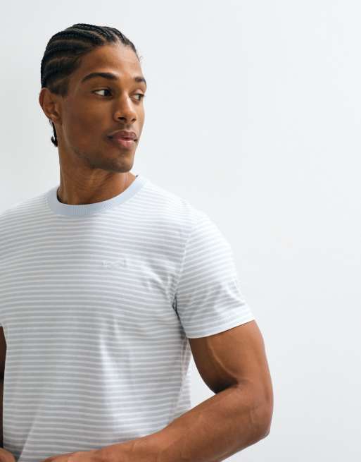 Hollister - T-shirt girocollo slim blu e bianca a righe con logo, 4 di 5