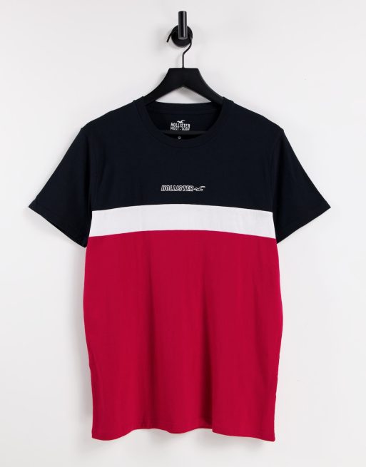 Hollister – T-Shirt im dreifarbigen Farbblockdesign in Schwarz/Weiß/Rot mit mittigem Logo