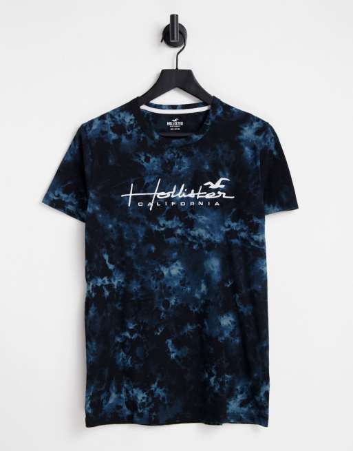 Hollister t shirt in black blue tie dye with chest logo