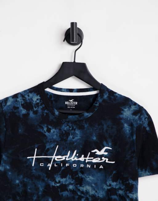 Hollister T shirt in black blue tie dye with chest logo