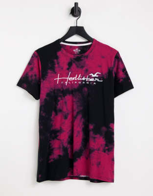 Hollister t shirt in black pink tie dye with chest logo ASOS