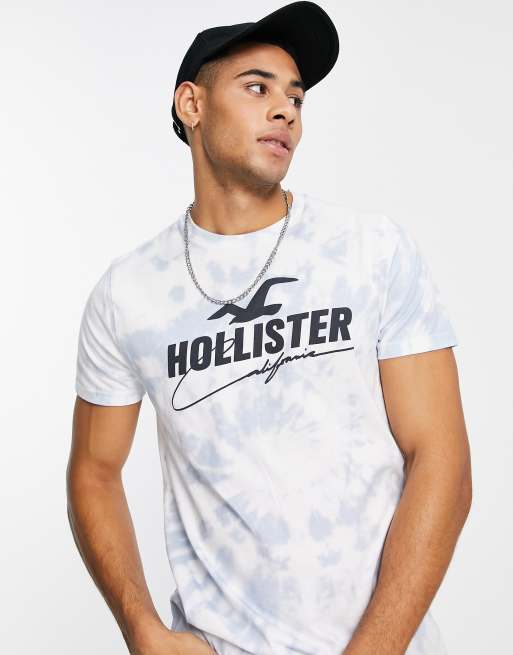 Hollister Chest & Back Logo Acid Wash Ombre Longline T-Shirt In