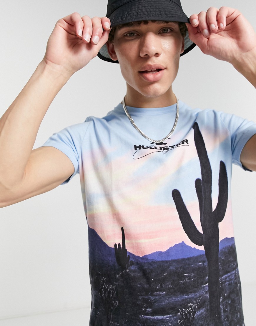 Hollister - T-shirt med centralt tekstlogo og print med kaktus og solnedgang-Multifarvet