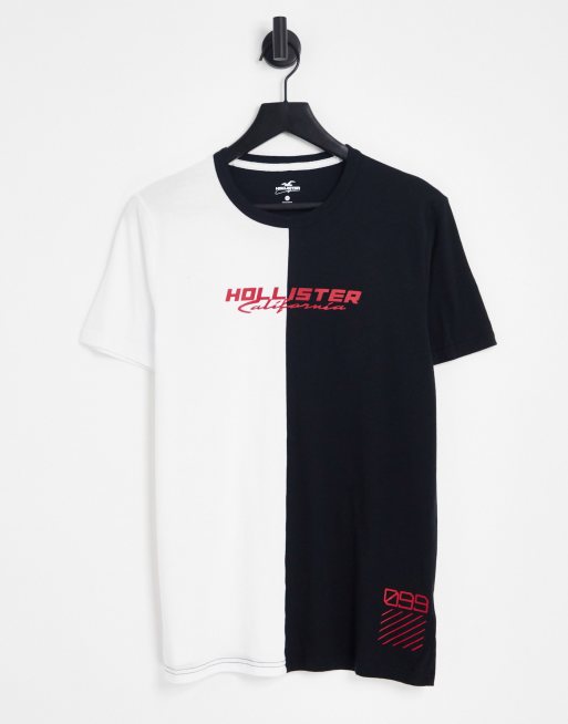 Hollister - T-shirt met grote zoom, logo en ombre print in wit en zwart