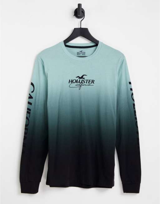 Hollister - T-shirt met lange mouwen en logo op borst en mouw in groen met ombre effect