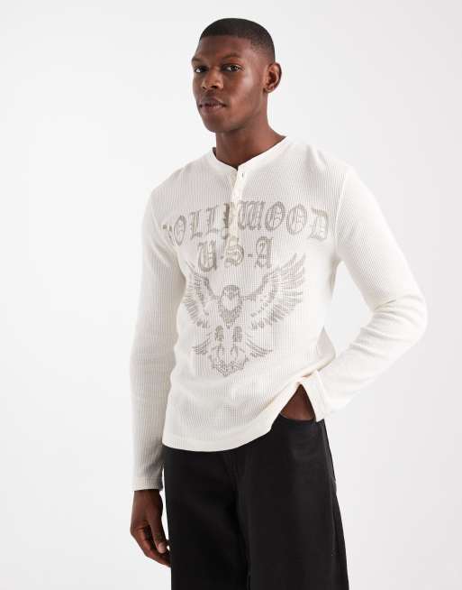 Hollister - T-shirt met lange mouwen, knopen en grafische print in wit
