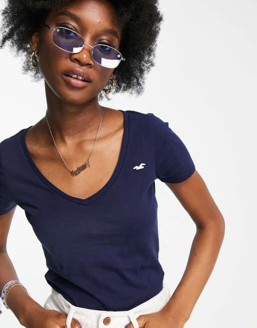 Hollister - T-shirt met ronde hals en lange mouwen in wit/blauw