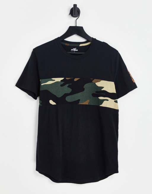Hollister - T-shirt met ronde zoom en vlak met camouflageprint over de borst in zwart