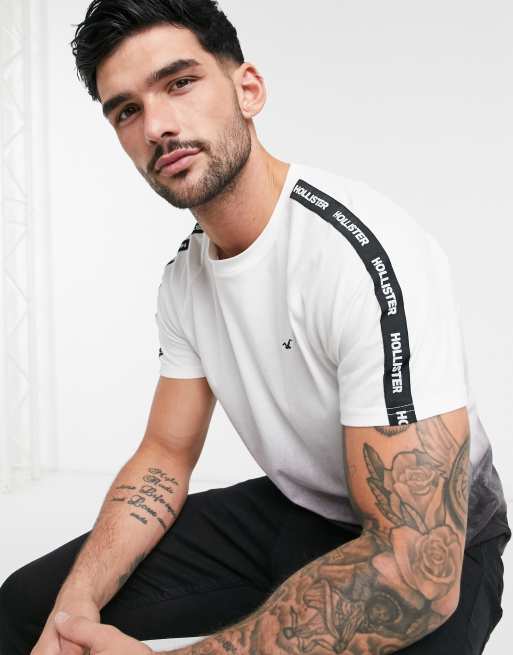 Hollister - T-shirt met ronde zoom, logobies en ombre-effect in wit-zwart