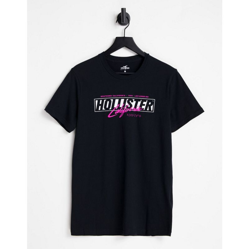 Uomo 9CSx2 Hollister - T-shirt nera con stampa con logo fluo sulla schiena