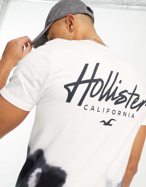 Hollister – T-shirt o wydłużonym fasonie z czarno białym efektem ombre i logo z przodu i na plecach