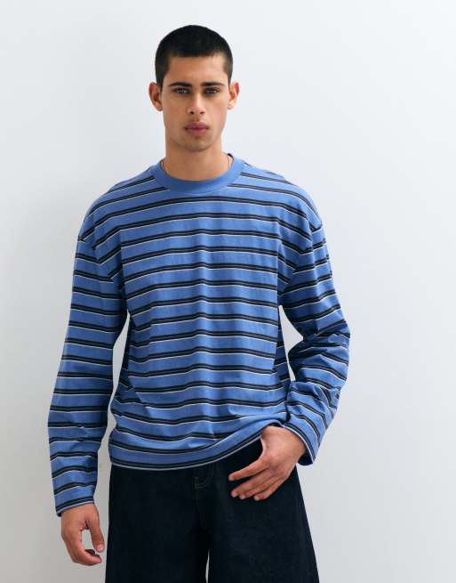 Hollister T-shirt pesante squadrata a maniche lunghe a righe blu, 2 di 8