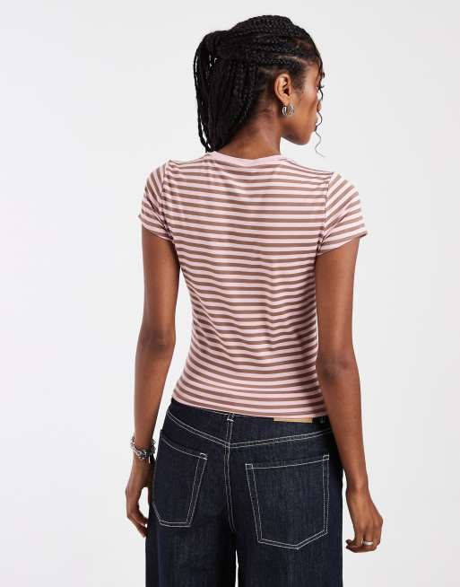 Hollister - T-shirt senza cuciture rosa a righe, 3 di 4
