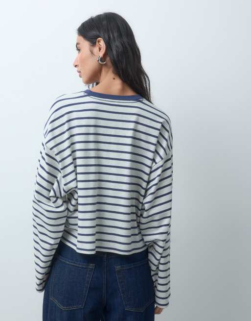 Hollister t-shirt squadrata a maniche lunghe a righe navy e bianche, 4 di 4