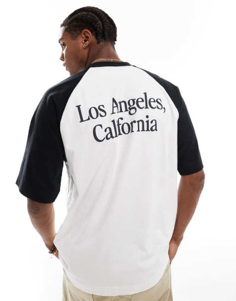 Hollister - T-shirt stile baseball bianca e nera squadrata pesante con maniche raglan e stampa sul retro - view 1