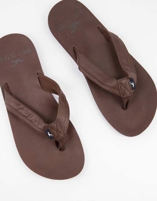 Hollister brown leather flip flops best sale