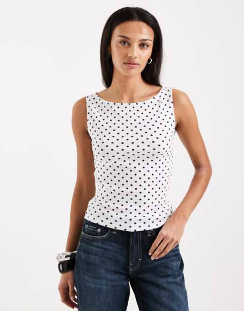 Hollister - Tanktop met boothals in wit met stippen - view 1