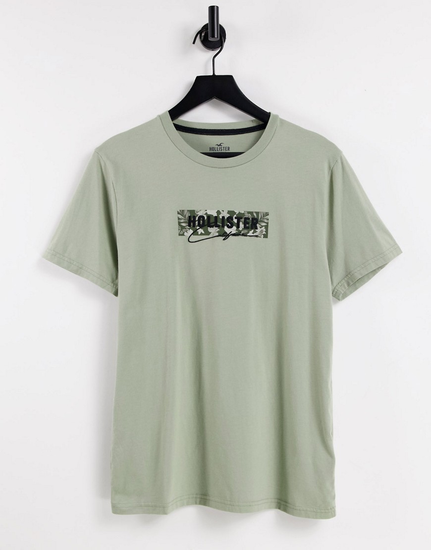 Hollister tech chest & back logo t-shirt in olive-White