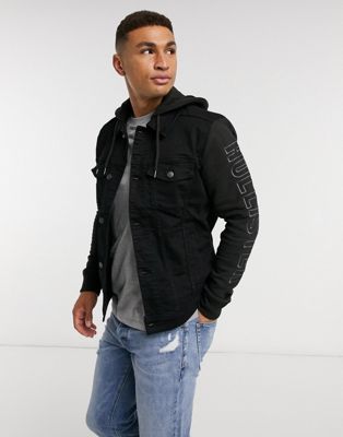 Hollister Hooded Denim Jacket With Gray Sweat Sleeves And Hood in