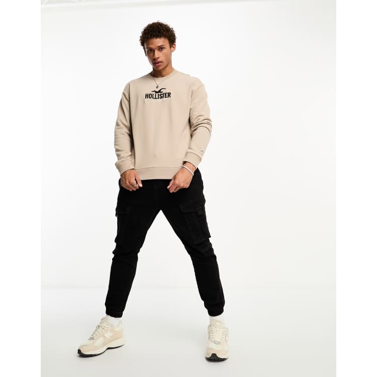 Hollister tech logo terry crew sweatshirt in tan