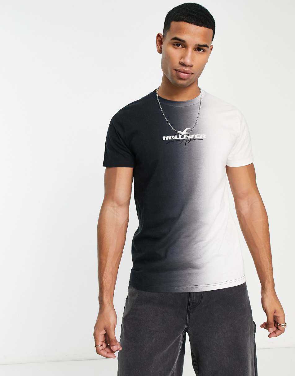 Hollister tech logo vertical ombre t-shirt in white/black 1