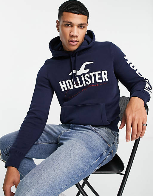 Hollister tech sleeve logo hoodie in navy | ASOS