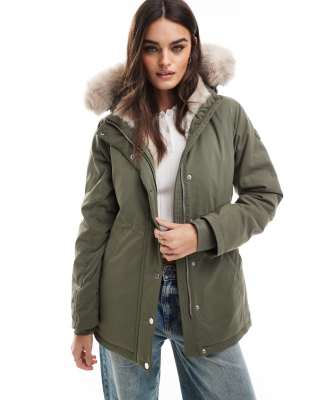 Hollister Hollister teddy faux fur lined hooded parka jacket in dusty olive-Green