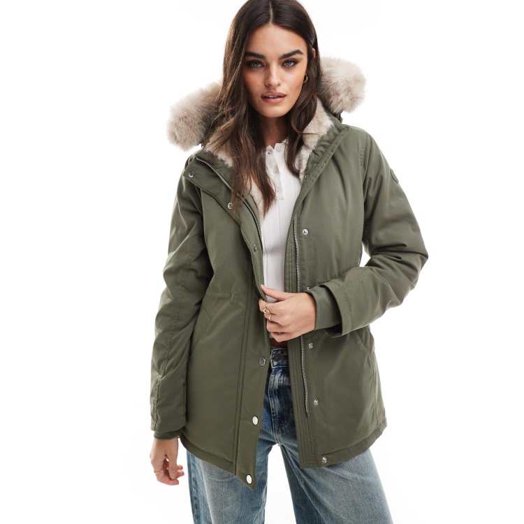 Women's olive parka with fur hood top