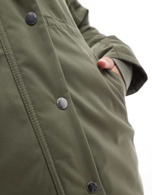 Hollister teddy faux fur lined hooded parka jacket in dusty olive