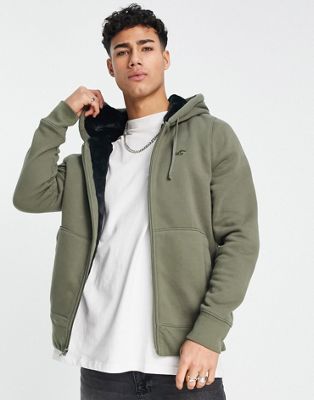 Hollister teddy lined hoodie in olive with script logo