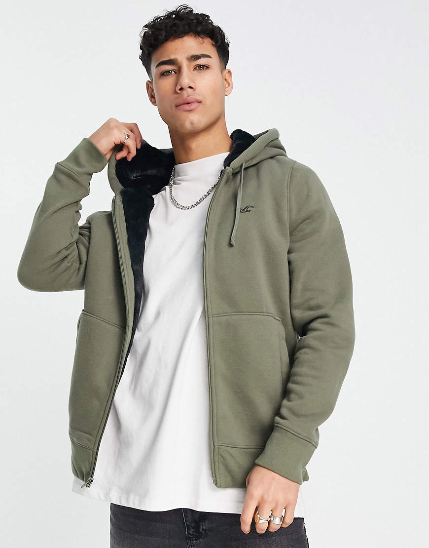 Hollister Teddy Lined Hoodie In Olive With Script Logo-green