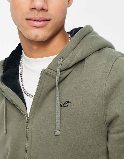 Hollister Teddy Lined Hoodie In Olive With Script Logo-green