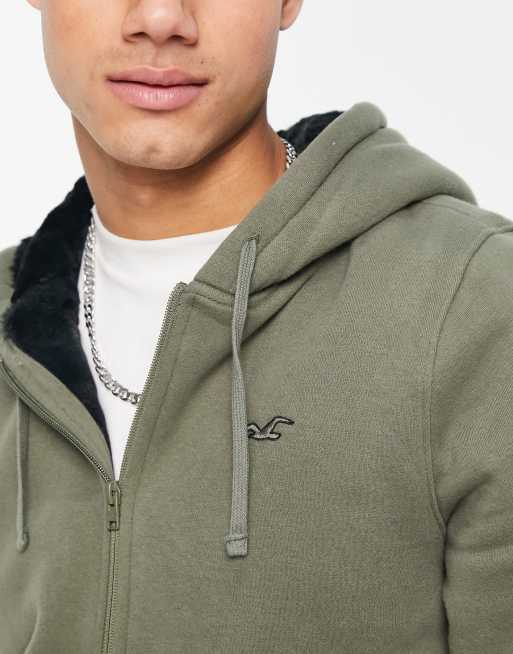 Hollister teddy lined hoodie in olive with script logo